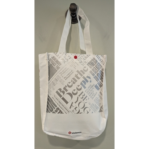 Lululemon Breathe Deeply White and Silver Red Snap Tote - Picture 1 of 6